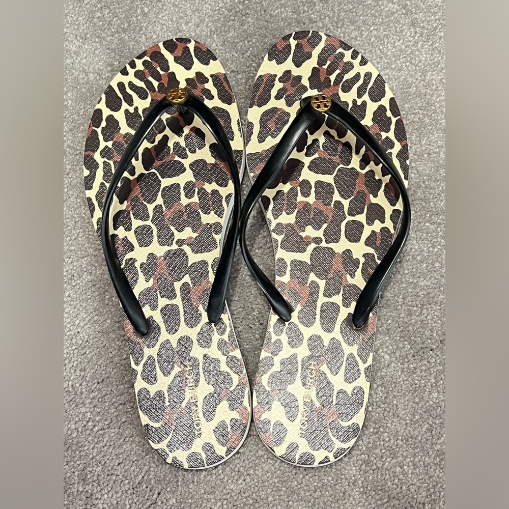 Tory Burch Black-Strap Leopard Print Flip Flop Sandals